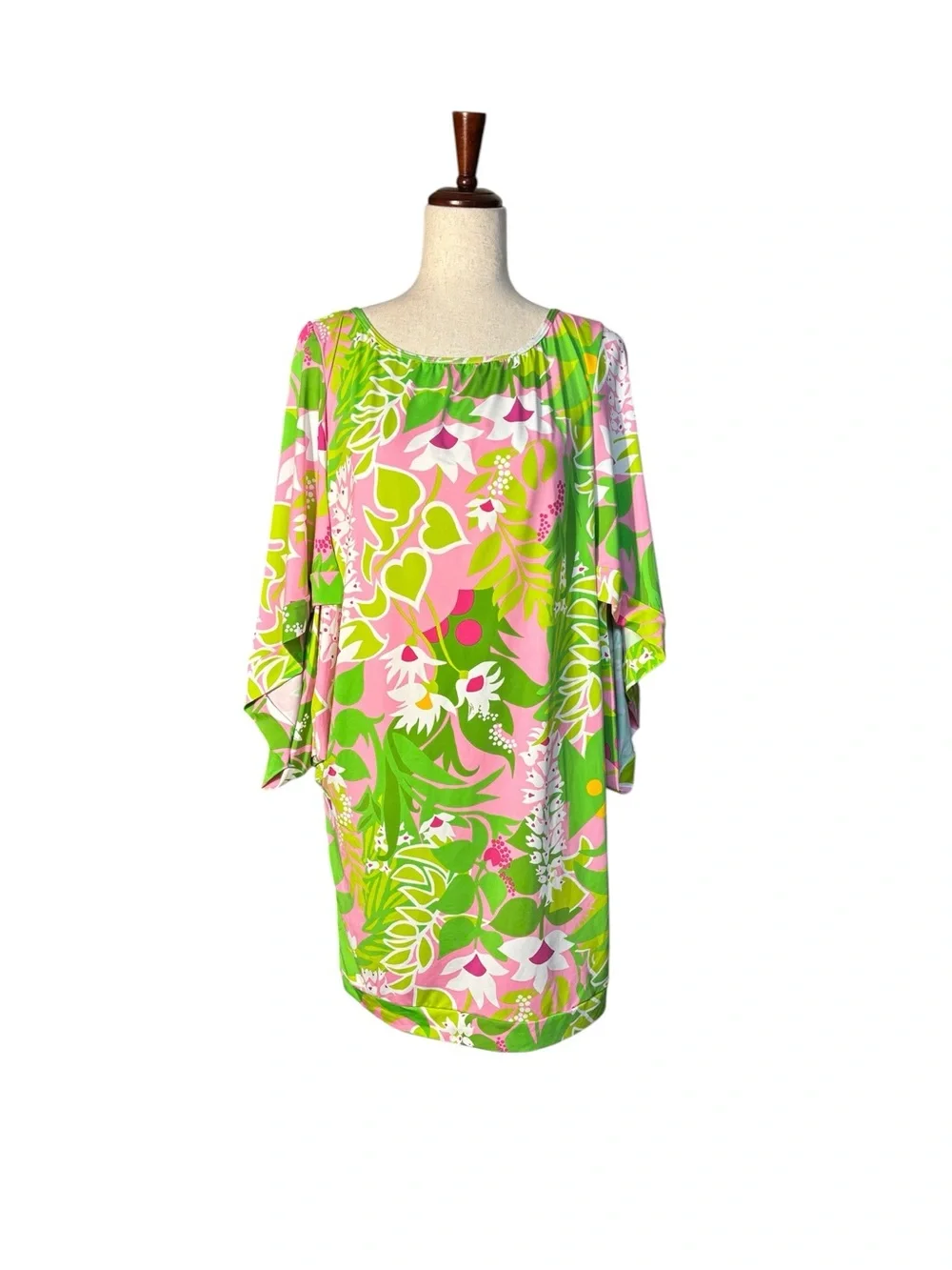 Trina Turk Tropical Floral Swim Cover Up Dress Pink Green Split Sleeve XL